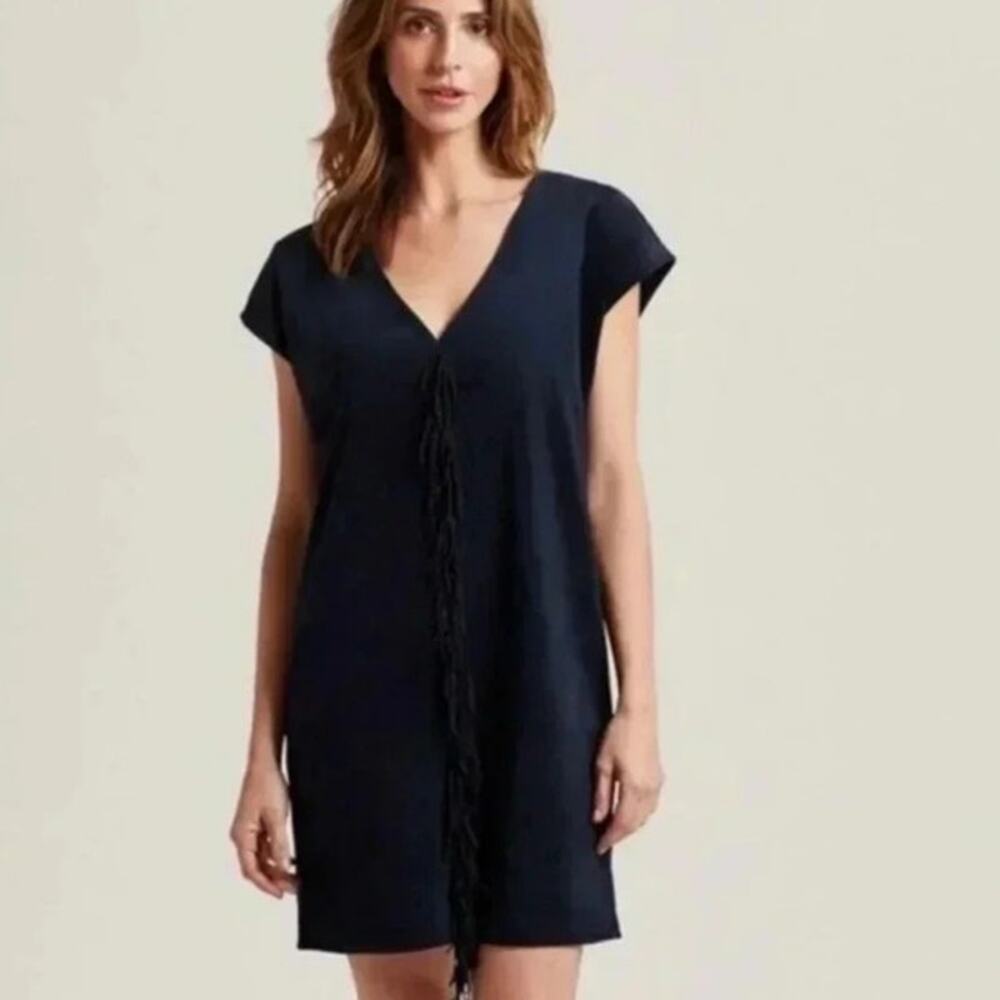Marie Oliver Andi Navy Fringe Mini Dress Boho Shift Faux Suede M